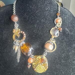 Treska Statement Charm Necklace Boho Gypsy Multistrand Signed Jewel Brown Chunky